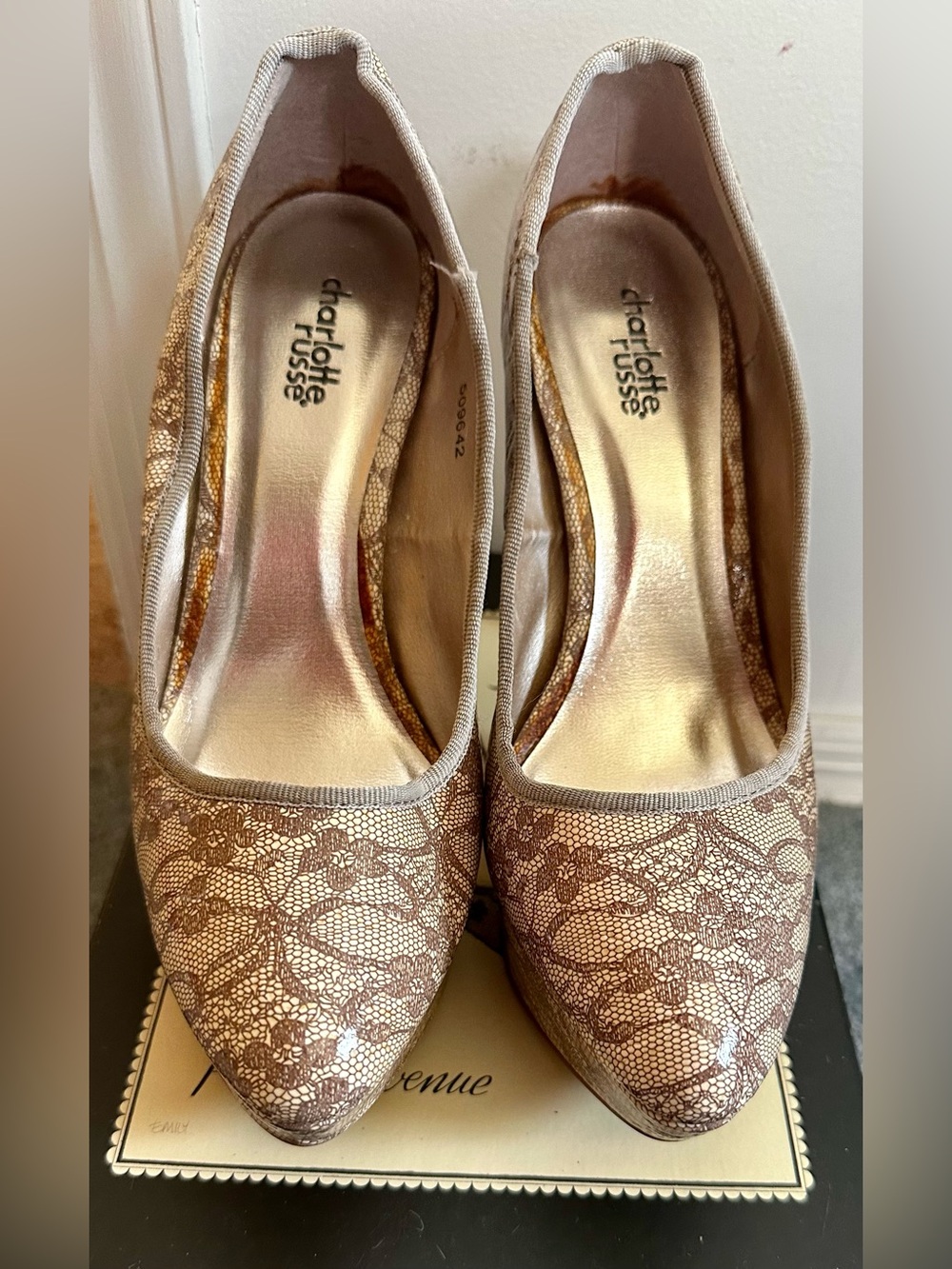 Charlotte Russe Gold Lace Pointed Toe Pumps